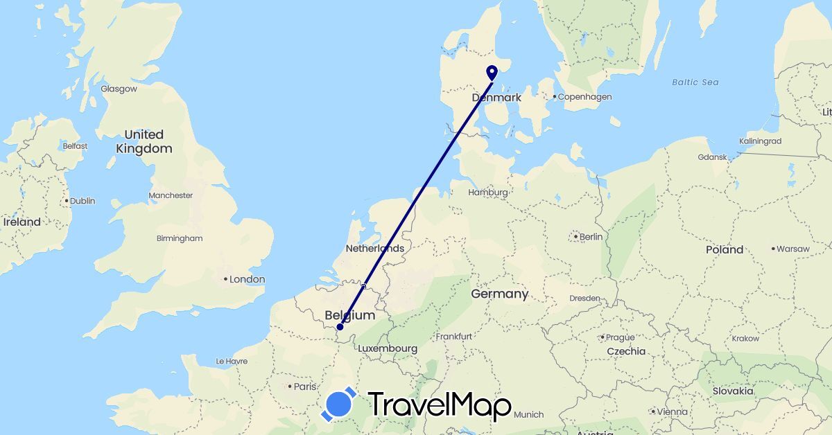 TravelMap itinerary: driving in Belgium, Denmark (Europe)